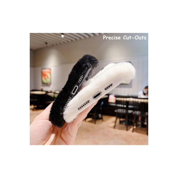 iPhone 15 Cep Telefonu Sevimli Kedi 3D Peluş Kılıf - Yumuşak Sıcak Kabarık Kürklü Darbeye Dayanıklı