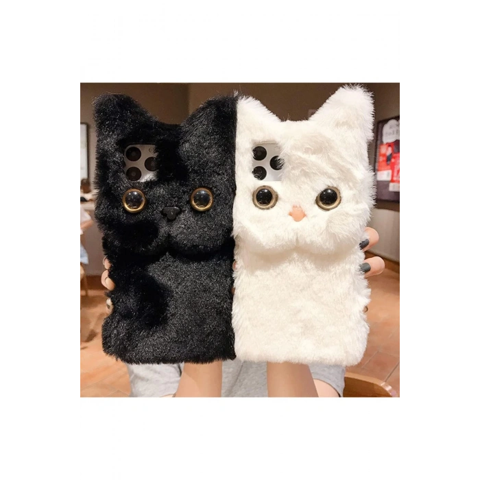 iPhone 15 Cep Telefonu Sevimli Kedi 3D Peluş Kılıf - Yumuşak Sıcak Kabarık Kürklü Darbeye Dayanıklı