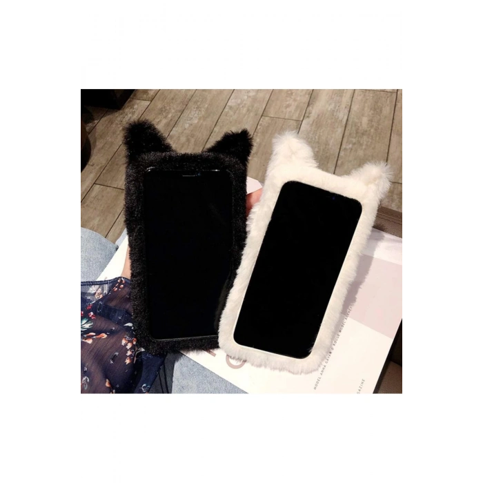 iPhone 15 Cep Telefonu Sevimli Kedi 3D Peluş Kılıf - Yumuşak Sıcak Kabarık Kürklü Darbeye Dayanıklı