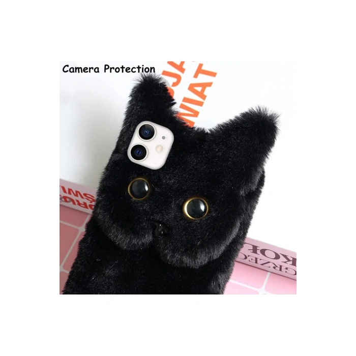 iPhone 15 Cep Telefonu Sevimli Kedi 3D Peluş Kılıf - Yumuşak Sıcak Kabarık Kürklü Darbeye Dayanıklı