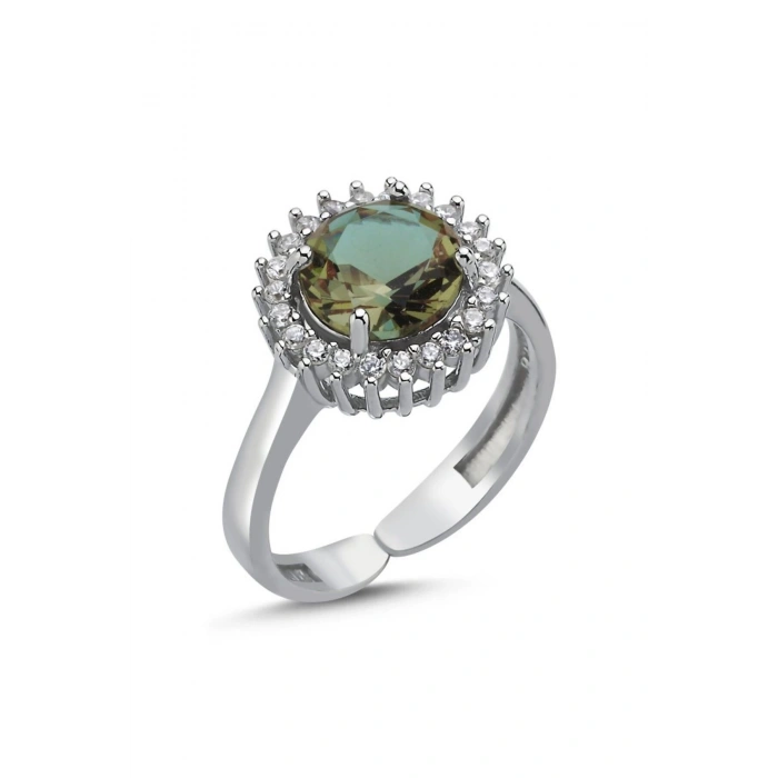 925 Ayar Gümüş Sultanit Zirkon Taşlı Yuvarlak Kesim Ayarlanabilir Boylu Tektaş Yüzük - Anneler Günü