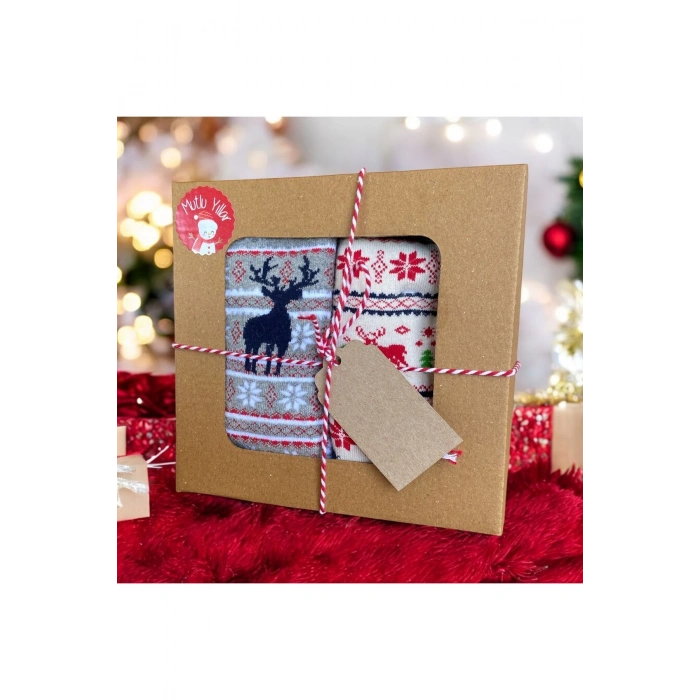 Yılbaşı / Noel / Christmas Temalı Hediye Kutulu 2li Kadın / Çocuk Çorap Seti