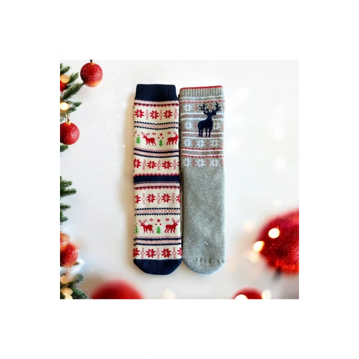 Yılbaşı / Noel / Christmas Temalı Hediye Kutulu 2li Kadın / Çocuk Çorap Seti