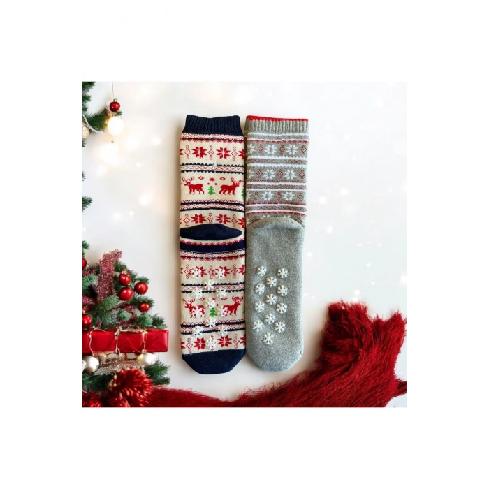 Yılbaşı / Noel / Christmas Temalı Hediye Kutulu 2li Kadın / Çocuk Çorap Seti