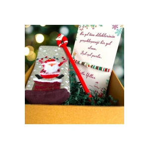 Yılbaşı Hediye Kutusu Noel Temalı Çocuk Çorap - Tükenmez Kalem - Şans Bilekliği