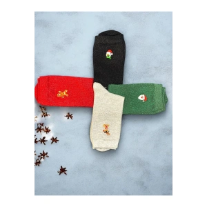 Yılbaşı / Noel / Christmas Temalı Simli Parlak Mini Nakış Figürlü Kadın Çorap