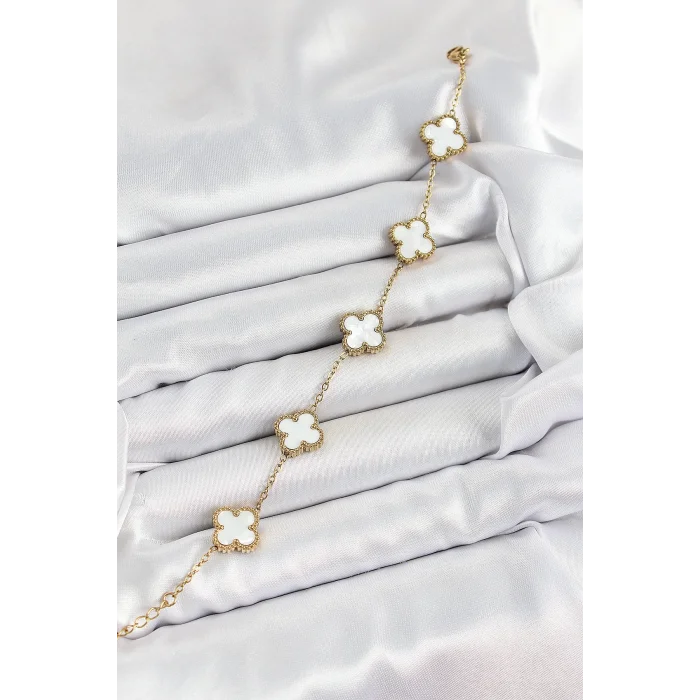 316L Çelik Beyaz Sedef Yonca Model Gold Renk Kadın Bileklik