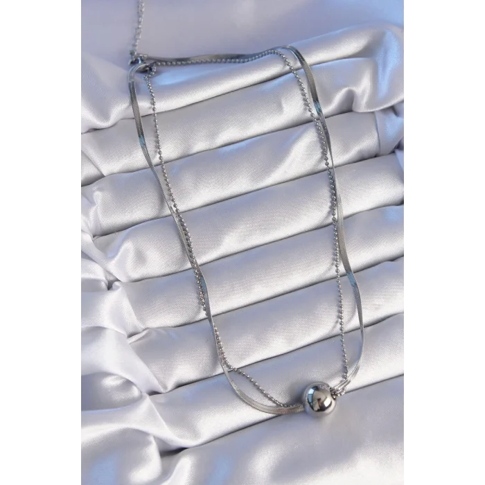 316L Çelik Çift Zincirli Gümüş Renk Topçuk İtalyan Model Kolye