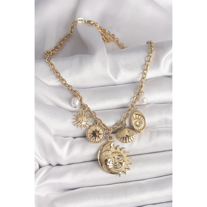 316L Çelik Gold Renk Ay Güneş Figür Deniz Kabuğu Detay Kadın Kolye
