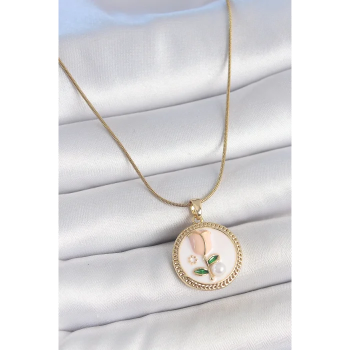 316L Çelik Gold Renk Beyaz Mineli İncili Çiçek İşlemeli Portre Model Kadın Kolye
