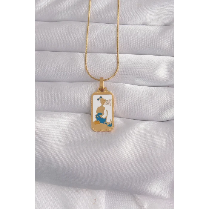 316L Çelik Gold Renk Beyaz Mineli Kız Figür Tarot Kolye