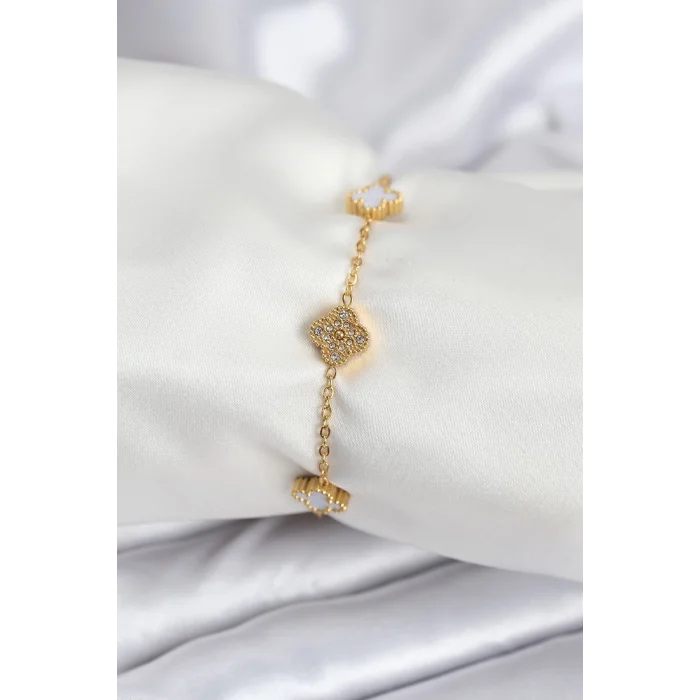 316L Çelik Gold Renk Beyaz ve Zirkon Taşlı Baby Boy Yonca Kadın Bileklik