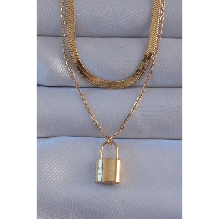 316L Çelik Gold Renk Çift Zincir Kilit Model Kolye