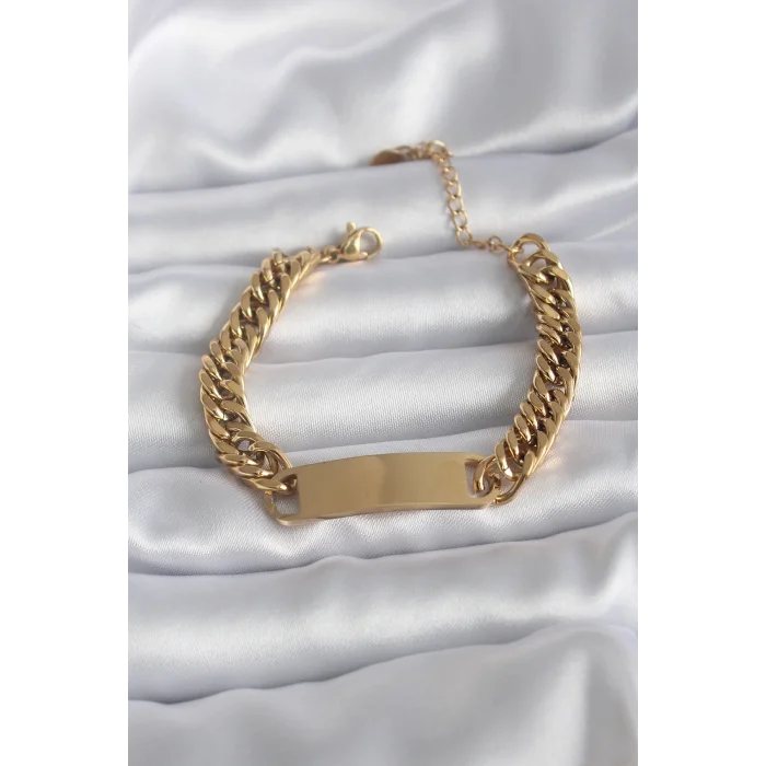 316L Çelik Gold Renk İsim Yazılabilir Plaka Model Kadın Bileklik