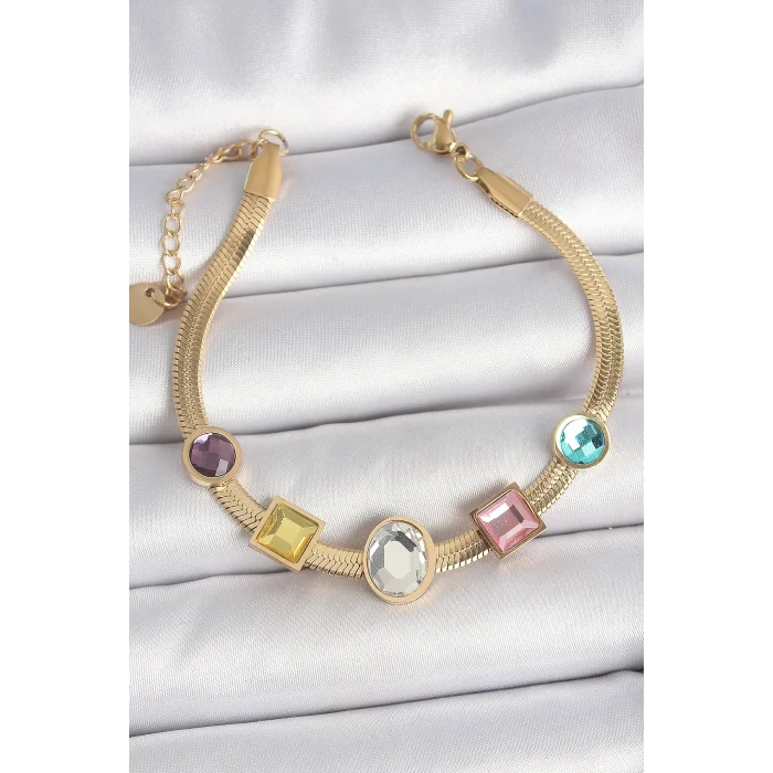 316L Çelik Gold Renk İtalyan Zincir Renkli Zirkon Taşlı Kadın Bileklik