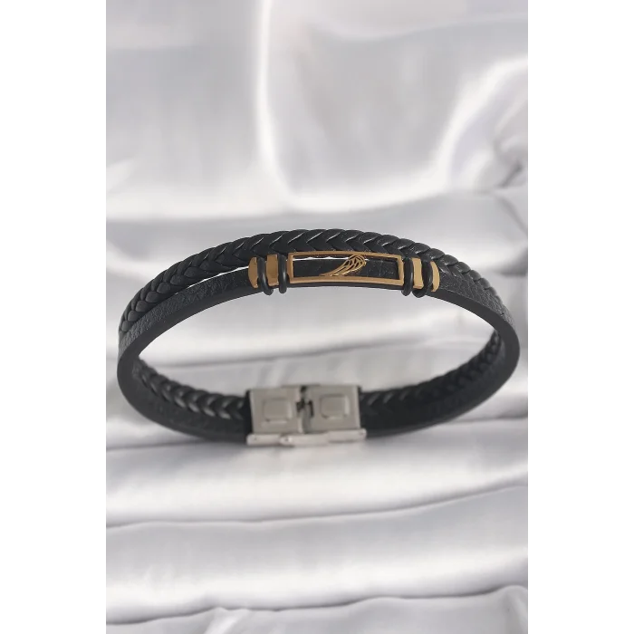 316L Çelik Gold Renk Kanat Aksesuarlı Siyah Burgu Model Deri Kordon Erkek Bileklik