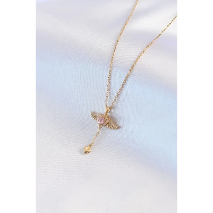 316L Çelik Gold Renk Kanatlı Kalp Model Zirkon Taş Detay Kadın Kolye