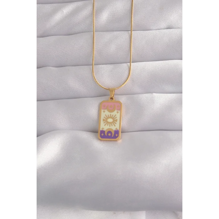316L Çelik Gold Renk Karışık Mineli Ay Figür Tarot Kolye