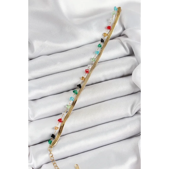 316L Çelik Gold Renk Kristal Karışık Renkli Taşlı 2li Kadın Bileklik