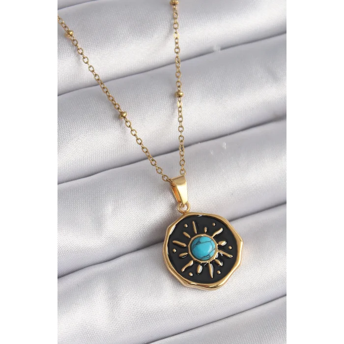 316L Çelik Gold Renk Mavi Boncuk Güneş İşleme Madalyon Model Kadın Kolye