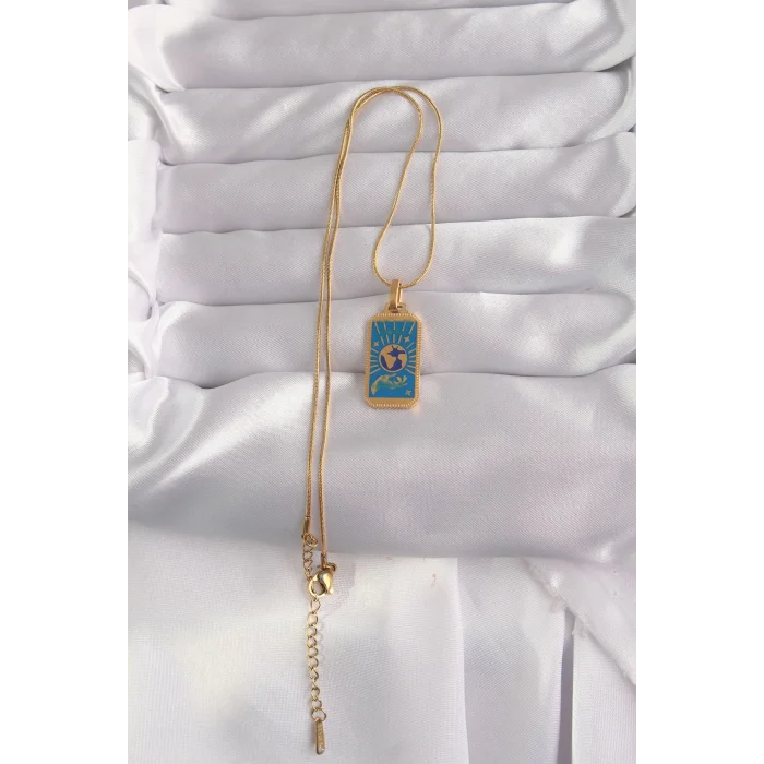 316L Çelik Gold Renk Mavi Mineli El Figür Tarot Kolye