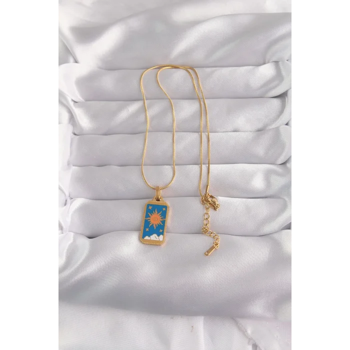 316L Çelik Gold Renk Mavi Mineli Güneş Model Tarot Kolye