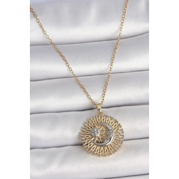 316L Çelik Gold Renk Mix Renk Ay Güneş Model Kadın Kolye