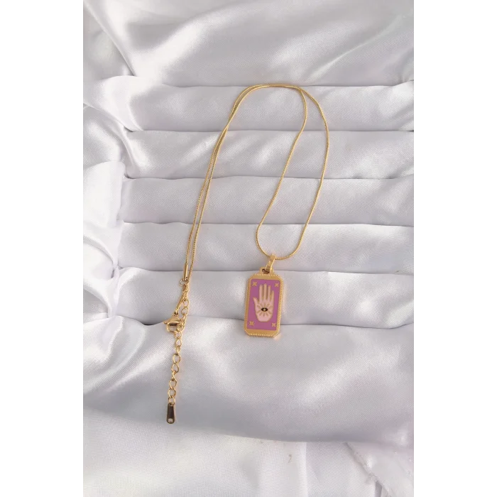 316L Çelik Gold Renk Mor Mineli El Figür Tarot Kolye