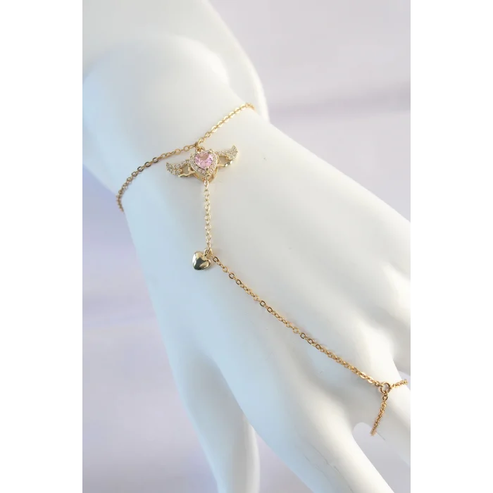 316L Çelik Gold Renk Pembe Zirkon Taşlı Kanatlı Kalp Model Şahmeran