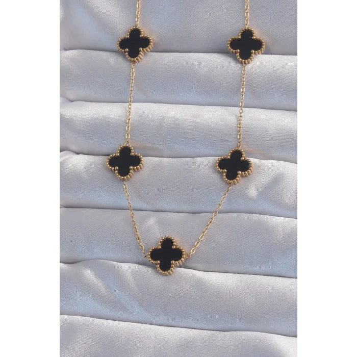 316L Çelik Gold Renk Siyah Mineli Yonca Kolye