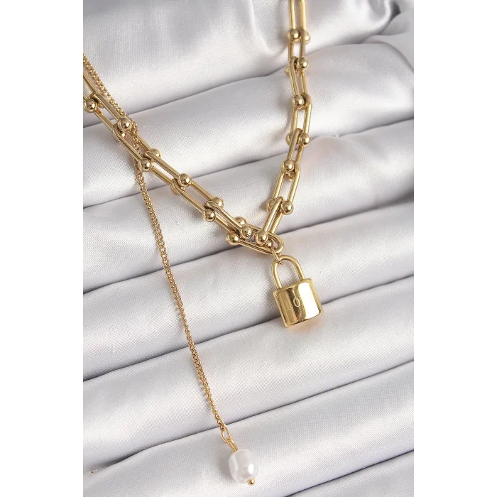316L Çelik Gold Renk Tifany Zincir Model Kilit Figür Sallantı İnci Detay Kadın Kolye