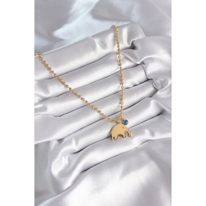 316L Çelik Gold Renk Top Zincir Model Fil Figür Nazar Boncuk Detay Kadın Kolye