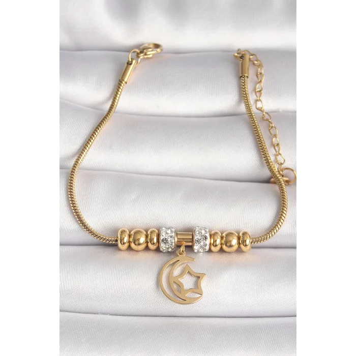 316L Çelik Gold Renk Tüp Zincir Zirkon Taş Detaylı Sallantı Ay Yıldız Figür Kadın Bileklik