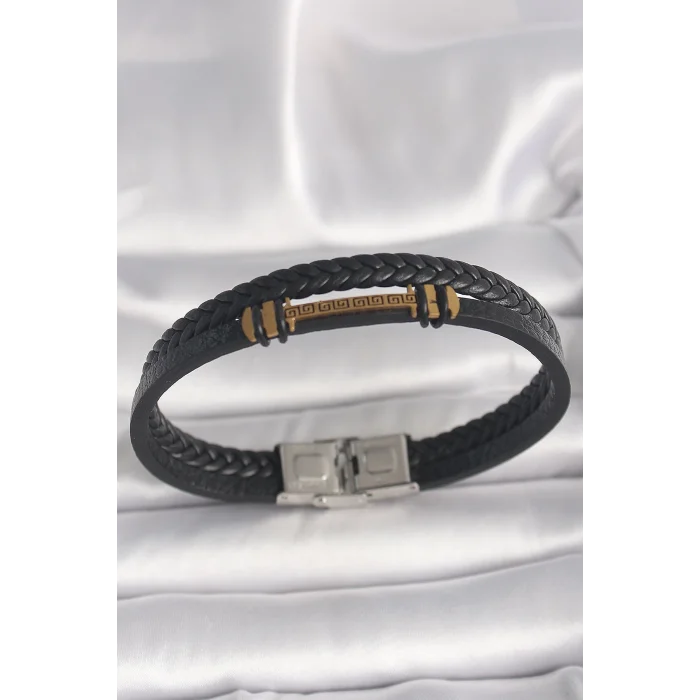 316L Çelik Gold Renk ZikZak İşlemeli Aksesuarlı Çift Sıra Burgu Desenli Deri Kordon Erkek Bileklik