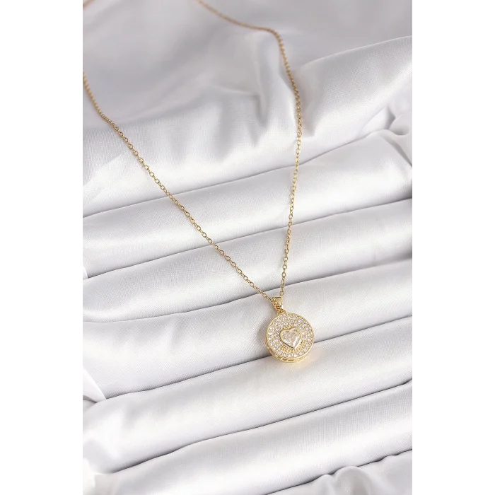 316L Çelik Gold Renk Zincir Madalyon Zirkon Taşlı Kalp Model Kadın Kolye