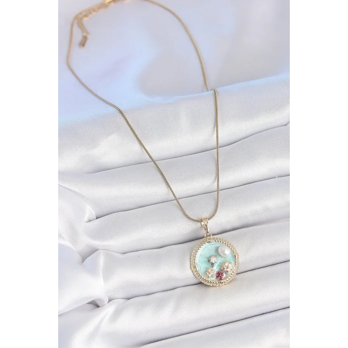 316L Çelik Gold Renk Zincir Mavi Mineli İnci Çiçek İşlemeli Zirkon Taş Detaylı Madalyon Model Kadın Kolye