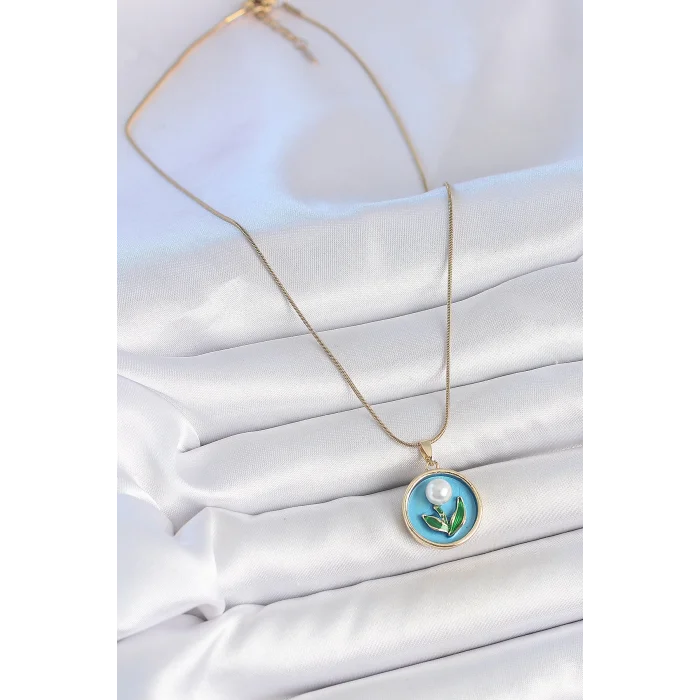 316L Çelik Gold Renk Zincir Mavi Mineli İncili Çiçek İşlemeli Portre Model Kadın Kolye