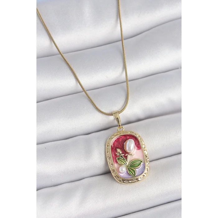 316L Çelik Gold Renk Zincir Mix Renk İncili Çiçek İşlemeli Portre Model Kadın Kolye