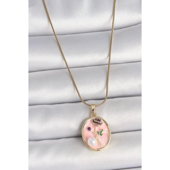 316L Çelik Gold Renk Zincir Pembe Çiçek İşlemeli İnci Detay Portre Model Kadın Kolye