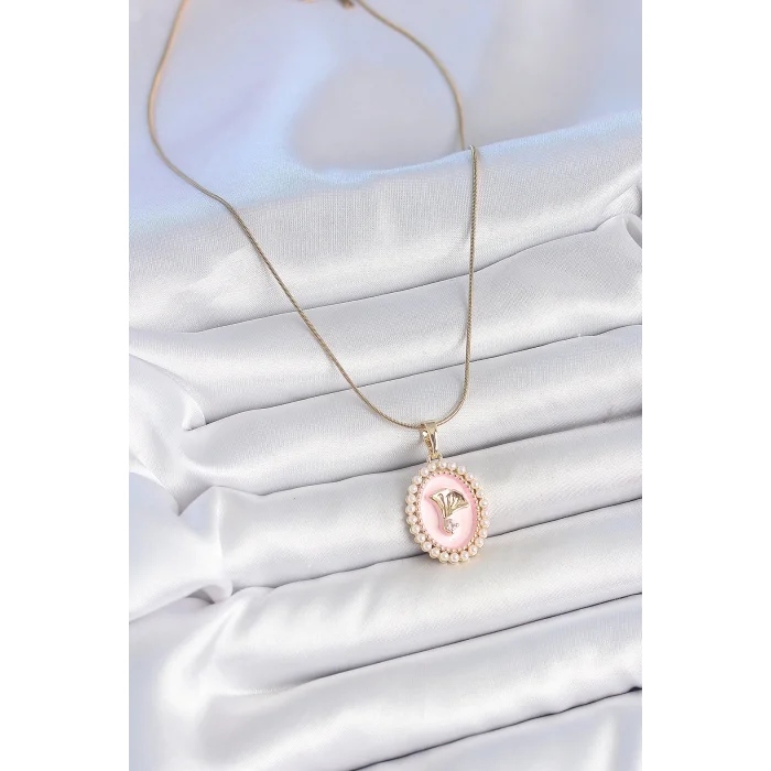 316L Çelik Gold Renk Zincir Pembe Mineli İncli Zirkon Taşlı Çiçek İşlemeli Portre Model Kadın Kolye