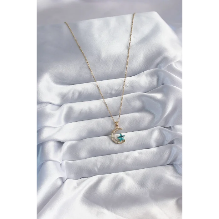 316L Çelik Gold Renk Zincir Zirkon Taş Detay Hilal Yıldızı Figür Kadın Kolye