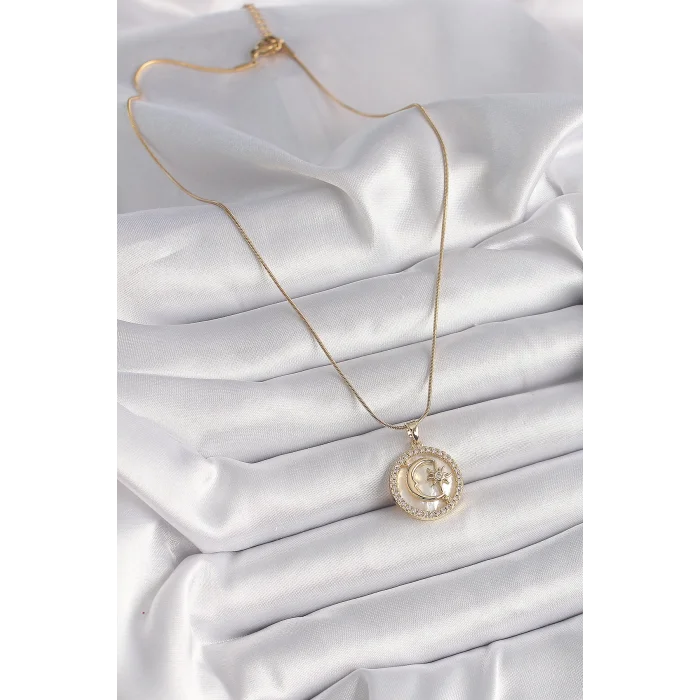 316L Çelik Gold Renk Zincir Zirkon Taş Detaylı Beyaz Sedefli Ay Yıldız Model Kadın Kolye