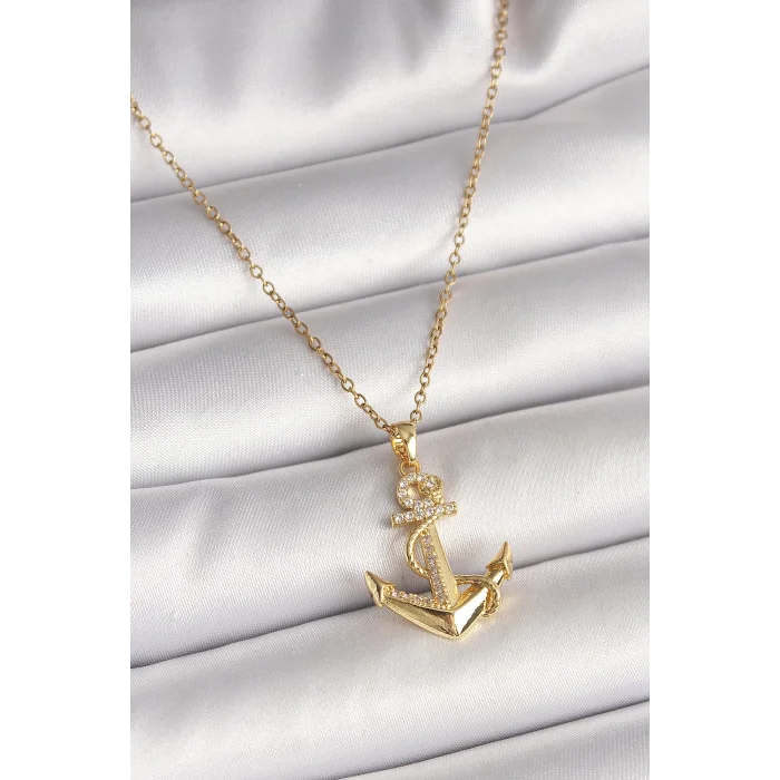 316L Çelik Gold Renk Zincir Zirkon Taş Detaylı Çapa Model Kadın Kolye