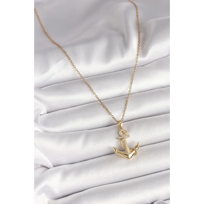 316L Çelik Gold Renk Zincir Zirkon Taş Detaylı Çapa Model Kadın Kolye