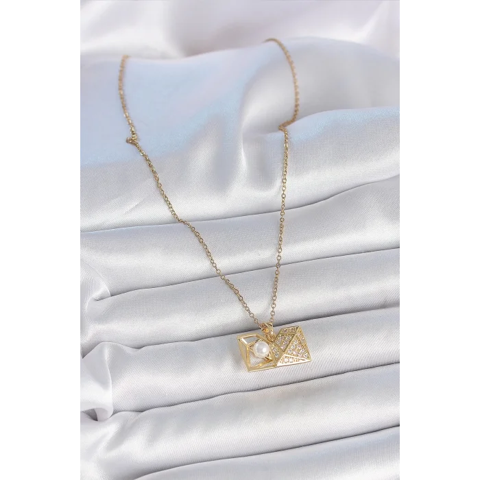 316L Çelik Gold Renk Zincir Zirkon Taşlı Açılır İncili Elmas Model Kadın Kolye