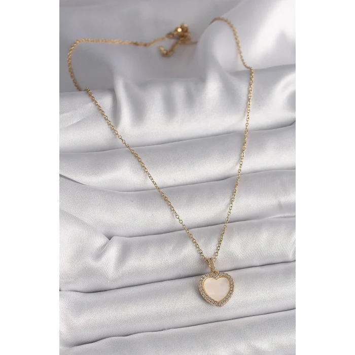 316L Çelik Gold Renk Zincir Zirkon Taşlı Beyaz Mineli Kalp Model Kadın Kolye
