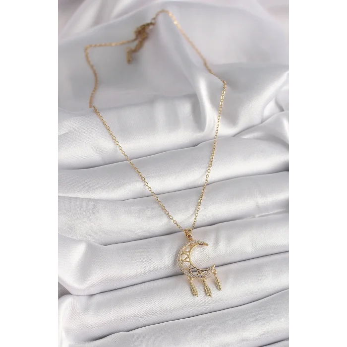 316L Çelik Gold Renk Zincir Zirkon Taşlı Hilal Model Sallantı Yaprak Detay Kadın Kolye