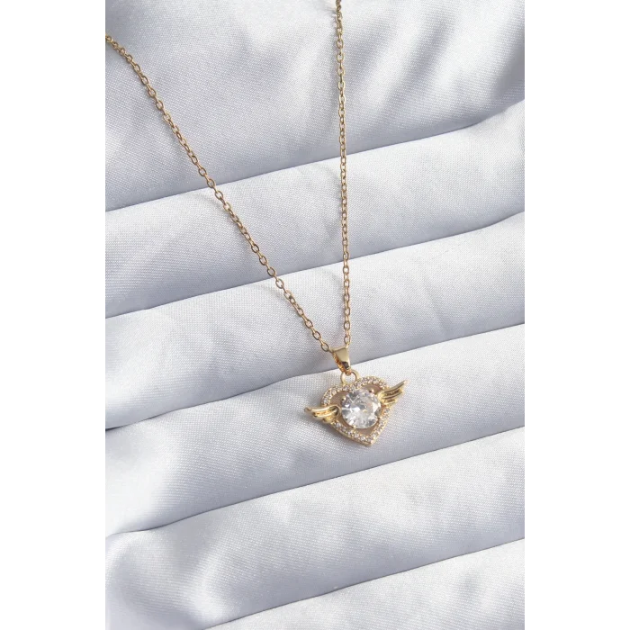 316L Çelik Gold Renk Zincir Zirkon Taşlı Kalp Model Kadın Kolye