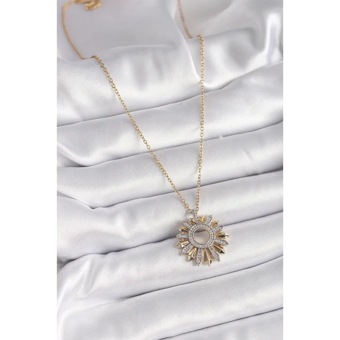 316L Çelik Gold Renk Zincir Zirkon Taşlı Mix Renk Güneş Model Kadın Kolye