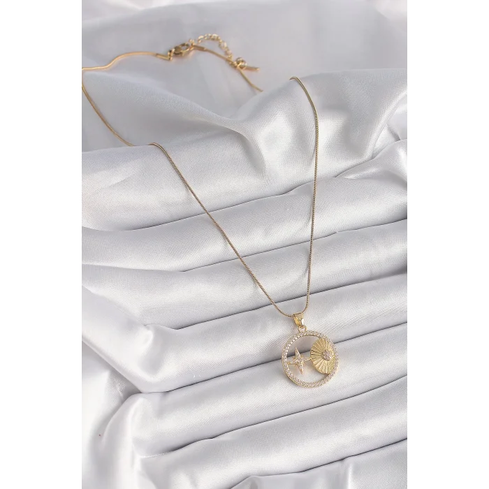 316L Çelik Gold Renk Zincir Zirkon Taşlı Yıldız İşleme Madalyon Model Kadın Kolye